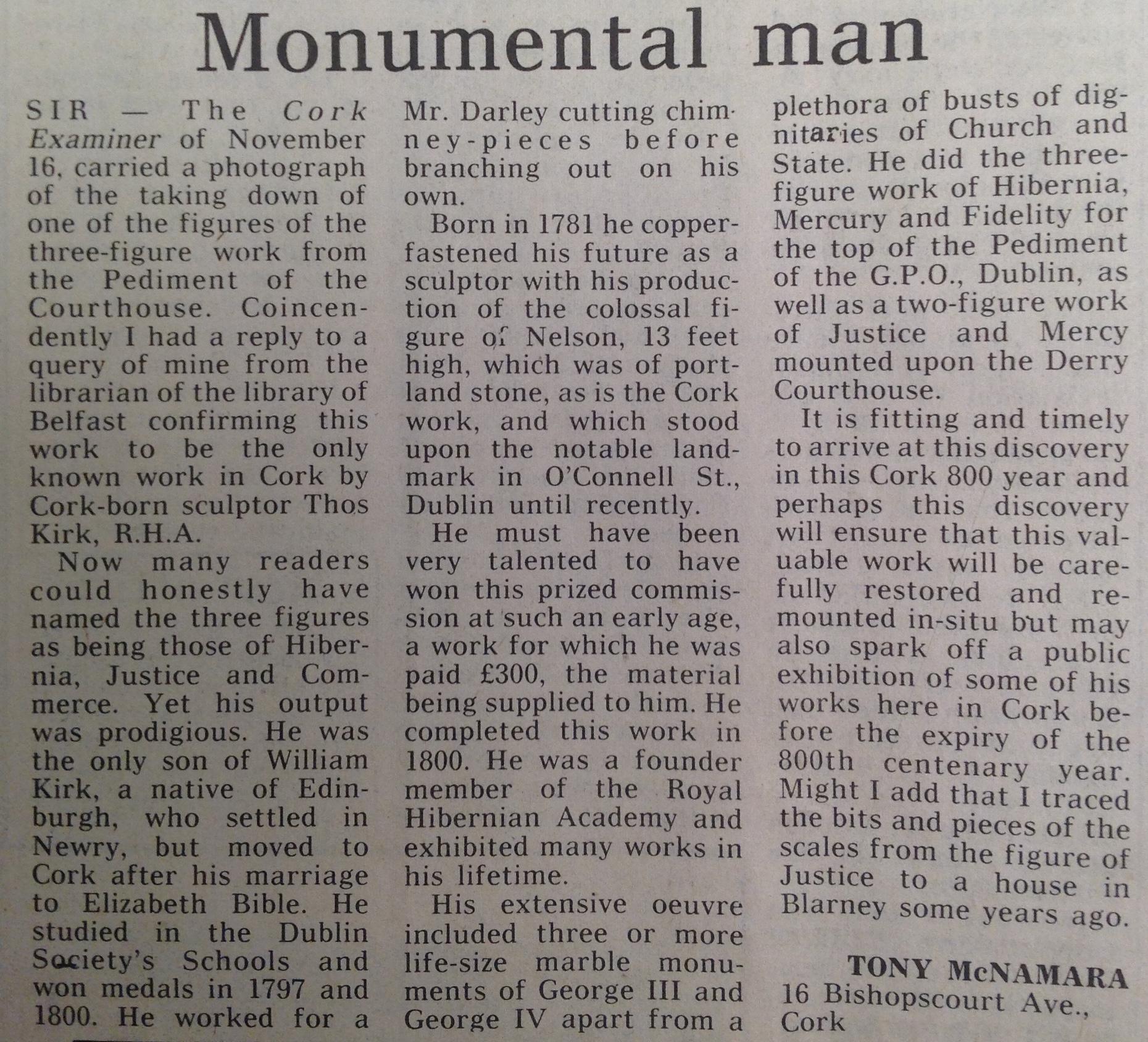 Article about Thomas Kirk of Cork City, Ireland